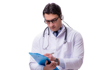 Young doctor with phone headset isolated on white
