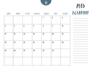 Vector of calendar 2018 ( november ) in simple clean table style with note line in earth tone color theme,full size 21 x 16 cm,Week start on Sunday