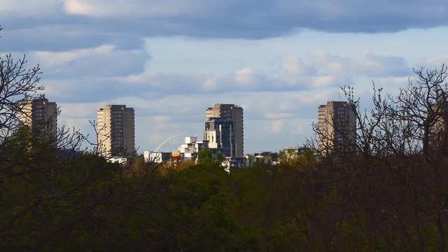 Treetop view of London tower blocks dominating city skyline near Royal Botanic Gardens in Kew
