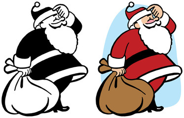 A puzzled Santa Claus looks off into the distance.