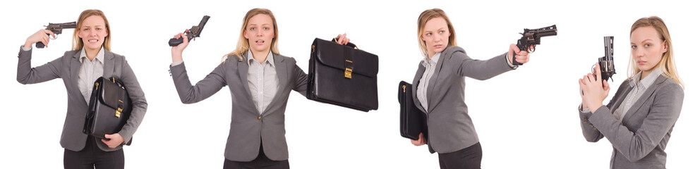 Businesswoman with gun isolated on white