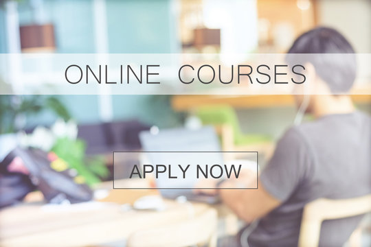 Online courses banner over blur stdying people background, web banner, Education, E learning, technology concept