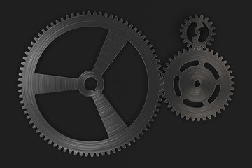 Set of metal gears and cogs on black background