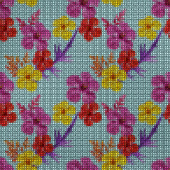 Illustration. Cross-stitch. Hibiscus. Seamless pattern.