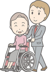 Illustration that a businessman wearing a suit pushes a wheelchair walking