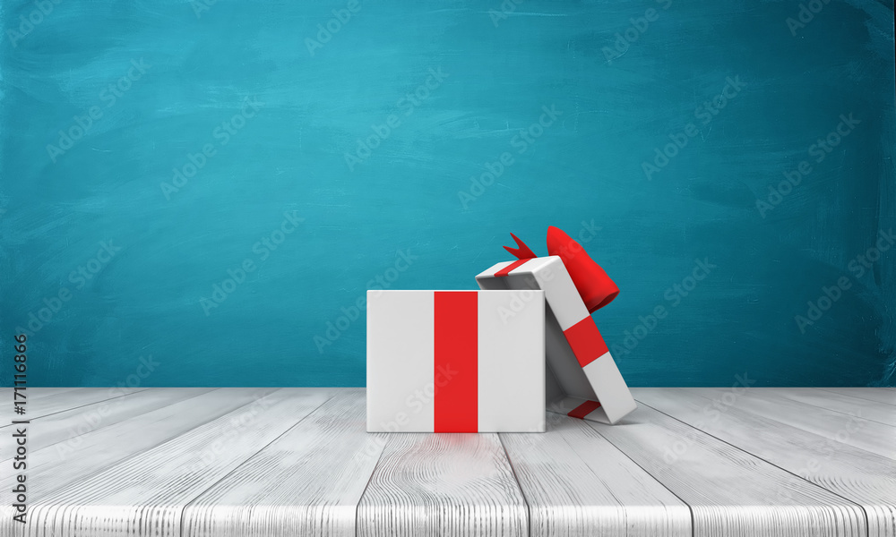 Poster 3d rendering of a open white gift box with a red bow standing on a wooden desk in front of a blue ba