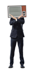 A businessman with hands in negative gesture and a retro TV screen in place of his head.