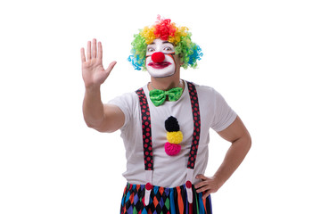 Funny clown acting silly isolated on white background