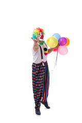 Funny clown with balloons isolated on white background