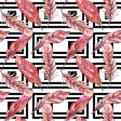 Fototapeta na wymiar Watercolor bird feather pattern from wing. Aquarelle feather for background, texture, wrapper pattern, frame or border.