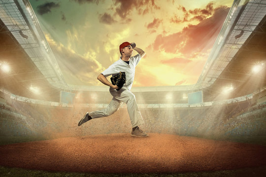 Baseball players in action on the stadium.