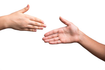 Close up view of a handshake. Successful deal after meeting.Horizontal, white background