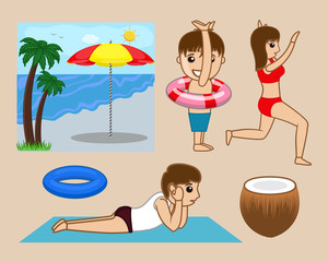 Obraz na płótnie Canvas Summer Vacation at Beach Vector Cartoons