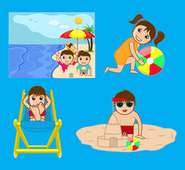 People Enjoying at Beach Vector Illustration
