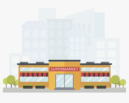 
Modern supermarket building with city skyline on background in flat style. Colored isolated vector illustration.