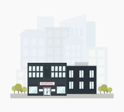 Modern hospital city building with city skyline on background in flat style. Medical concept. Colored isolated vector illustration.