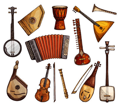 Ethnic musical instruments sketches set