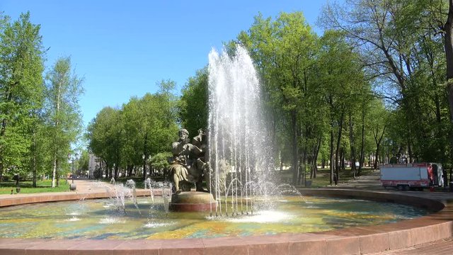 Fountain in Veliky Novgorod, sunny may day. Russia
