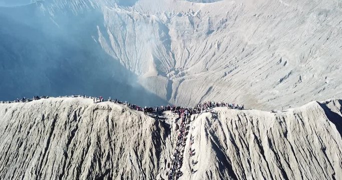 Mountain Bromo active volcano crater in East Jawa, Indonesia. Top view from drone fly. 4K footage