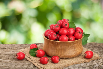 Hawthorn berry with leaf in a bowl on wooden table with a blurry garden background