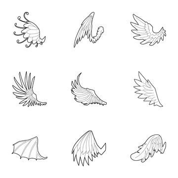 Wings of dragon and griffin icons set