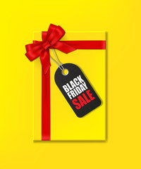 Yellow gift box with red ribbon and bow and tag with Black Friday Sale text on yellow background. Vector illustration.