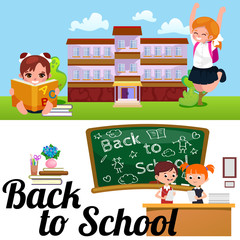 Back to school concept, Lesson in classroom at college, teacher explains to Childrens lesson near desk in front of students, school building education concept vector illustration, campus life