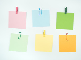 Note all colorful paper set with paperclip, collection on white background