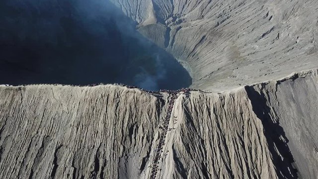 Mountain Bromo active volcano crater in East Jawa, Indonesia. Top view from drone fly. 4K footage