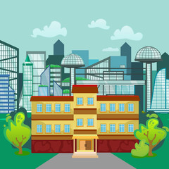 modern school buildings exterior, student city concept, elementary school facade urban street background, icon vector illustration