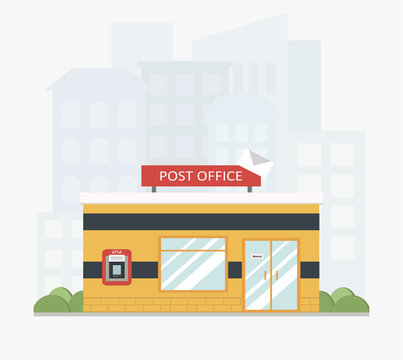 Yellow post office service building with a city scape in the background in flat style. ATM. Colored vector illustration.