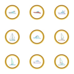 Pleasure boat icons set, cartoon style