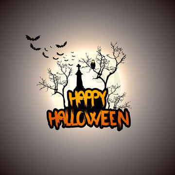 Creepy Halloween Background with Full Moon and Scary Mysterious Creatures. Vector Illustration