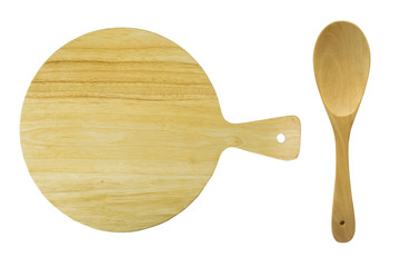 Wooden cutting board and wooden spoon isolated on white background. clipping path