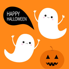 Flying ghost spirit set. Pumpkin smiling face. Happy Halloween. Two scary white ghosts. Cute cartoon spooky character. Frightening scaring hands. Orange background. Greeting card. Flat design.
