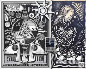 Poster Alchemistische en mysterieuze manuscripten met graffiti, tarotkaarten, schetsen, tekeningen en esoterische, astrologische en alchemistische symbolen © Rosario Rizzo