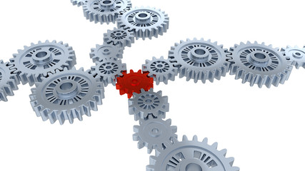 Perspective View of Several Silver Gears and One Red