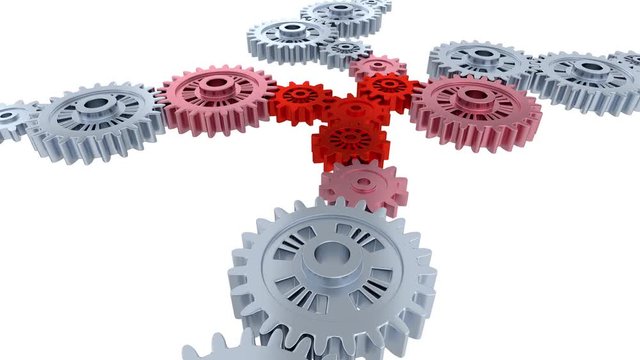 Side and Perspective View of Silver Gears in Rotation becoming Red step by step