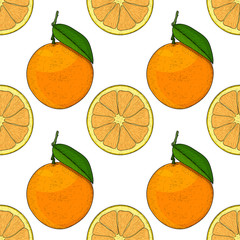 Orange, whole and slice. Hand drawn colored sketch as seamless pattern