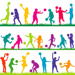Set of children playing with balls