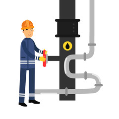 Oilman character working on an oil pipeline, oil industry production vector Illustration