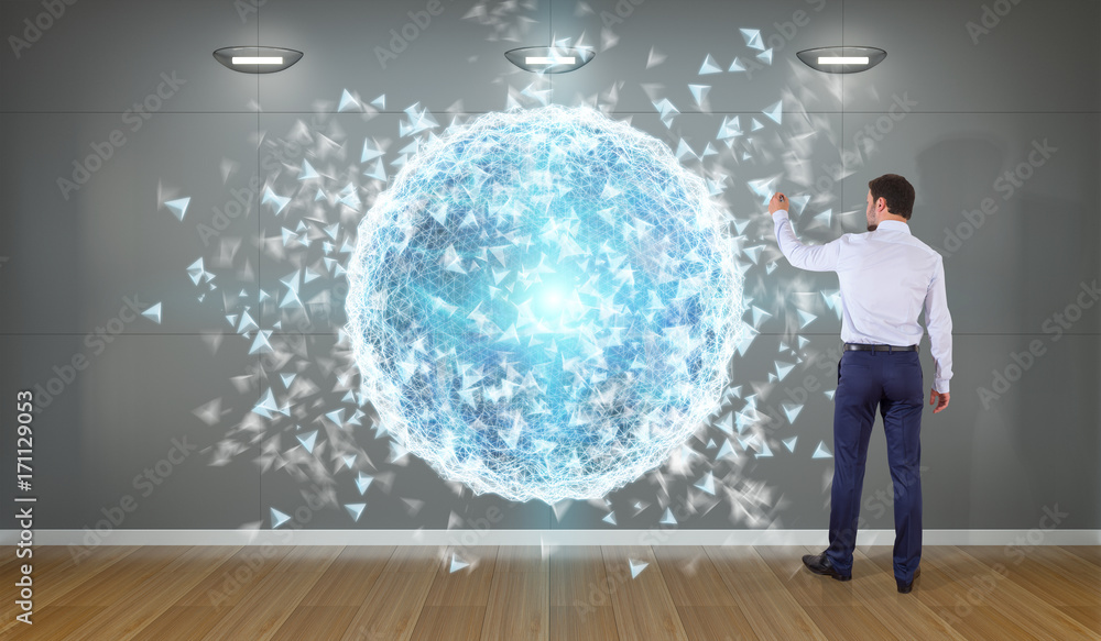 Poster businessman using digital planet earth interface on a wall 3d rendering