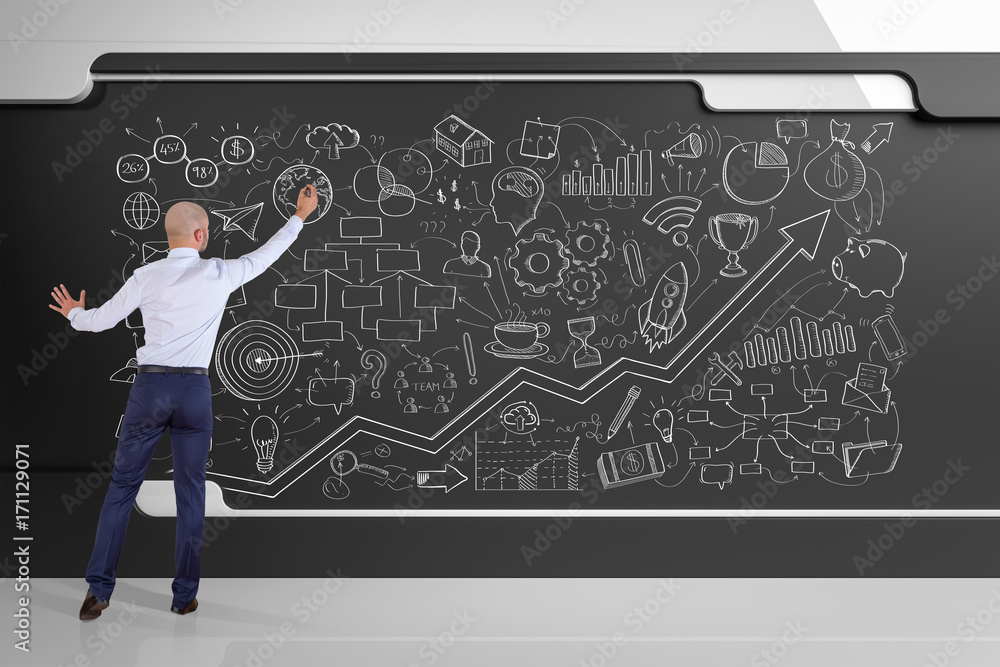 Poster businessman drawing a project sketch on a board 3d rendering