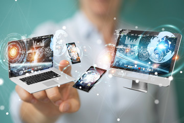 Tech devices connected to each other by businesswoman 3D rendering