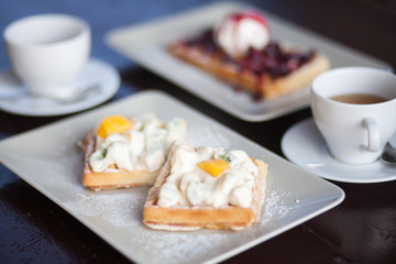Breakfast for two, waffles and tea