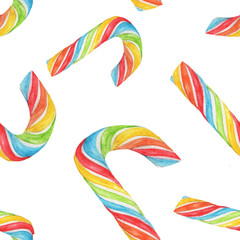 Seamless watercolor illustration of Rainbow Candy Cane on white background.