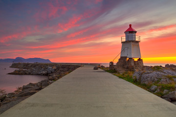 Old lighthouse in Laukvik at sunset,Norway