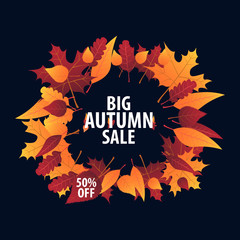 Autumn Background with leaves for shopping sale or promo poster and frame leaflet or web banner. Vector illustration template.