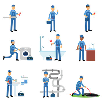 Professional plumber in blue uniform at work set, plumbing service vector Illustrations