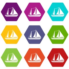Yacht icon set color hexahedron